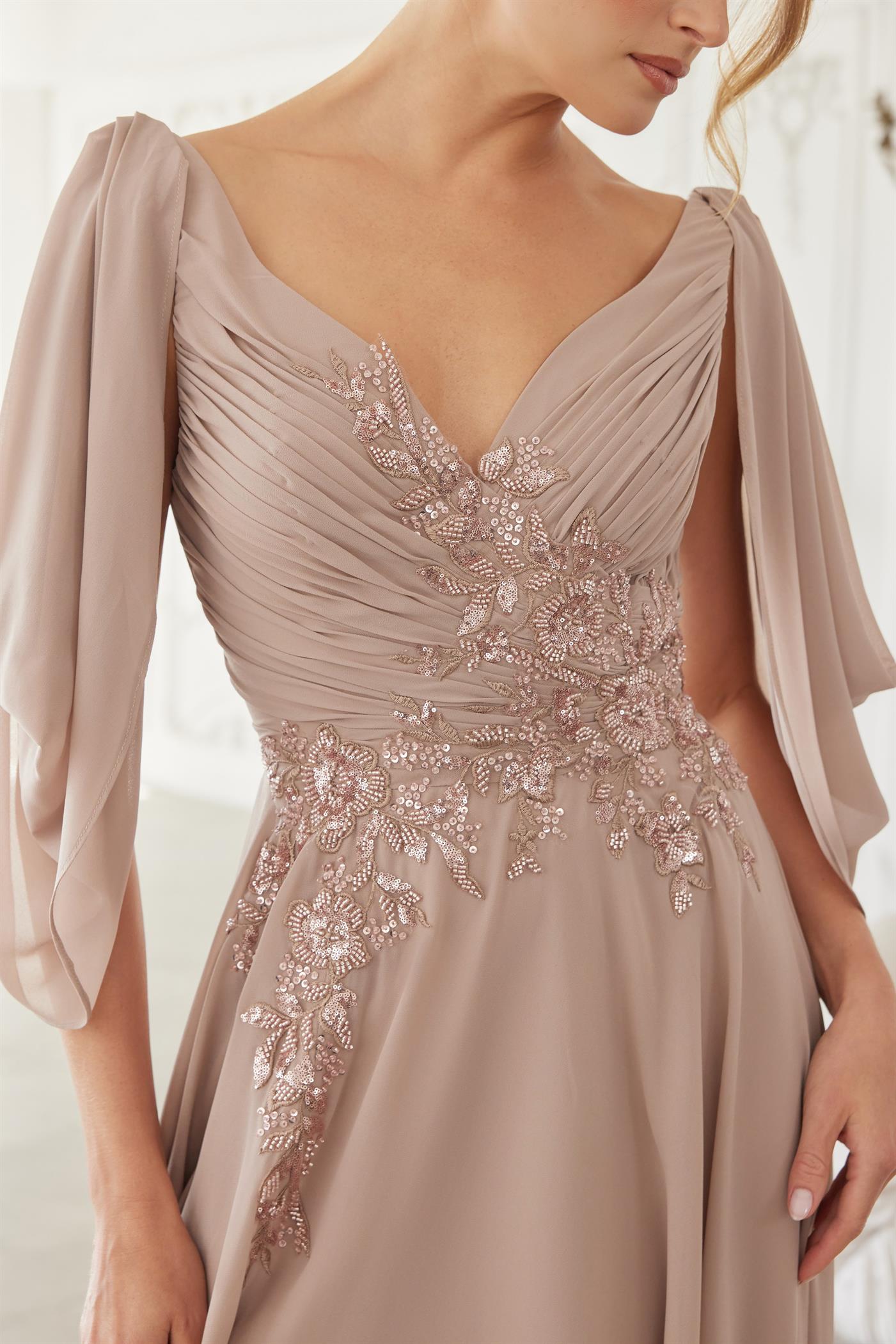 V Neckline Long Sleeves Chiffon Asymmetrical Dress