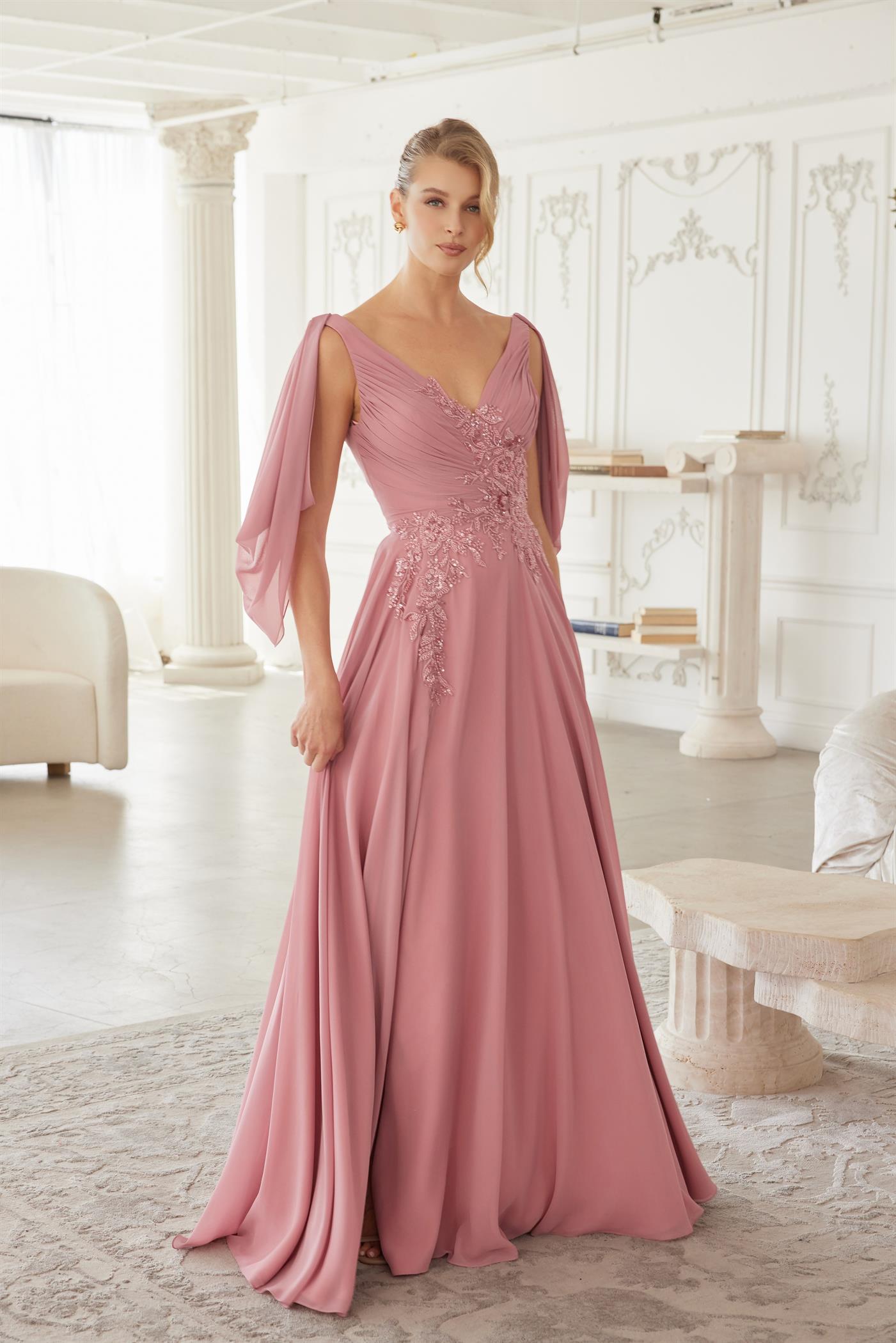 V Neckline Long Sleeves Chiffon Asymmetrical Dress