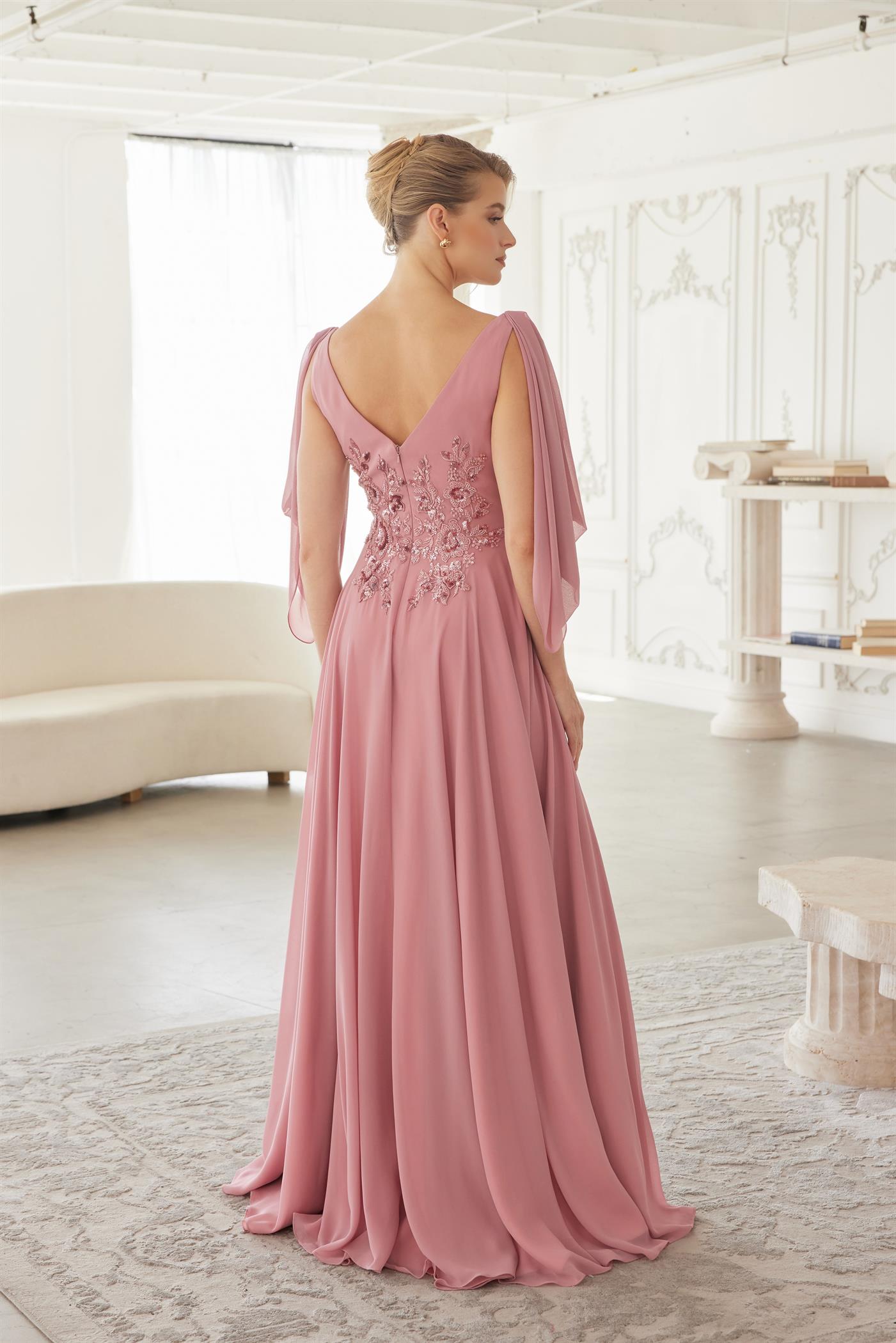 V Neckline Long Sleeves Chiffon Asymmetrical Dress