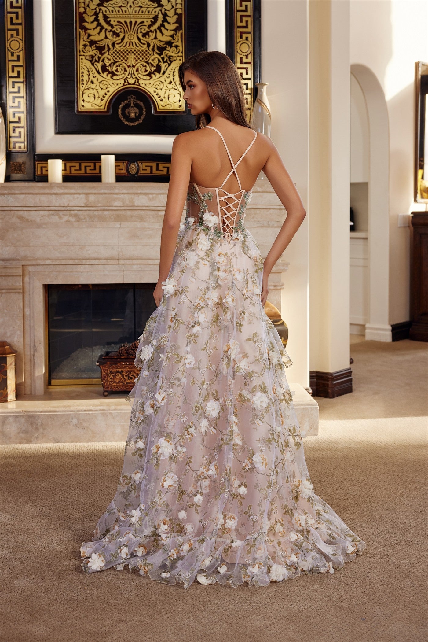 Long Organza Ball Gown with Full Flower Applique Basque Corset