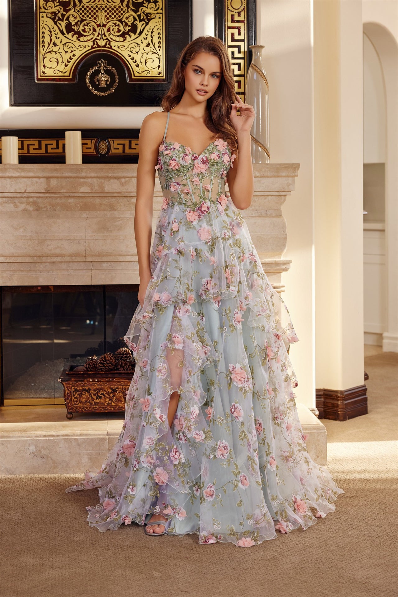 Long Organza Ball Gown with Full Flower Applique Basque Corset