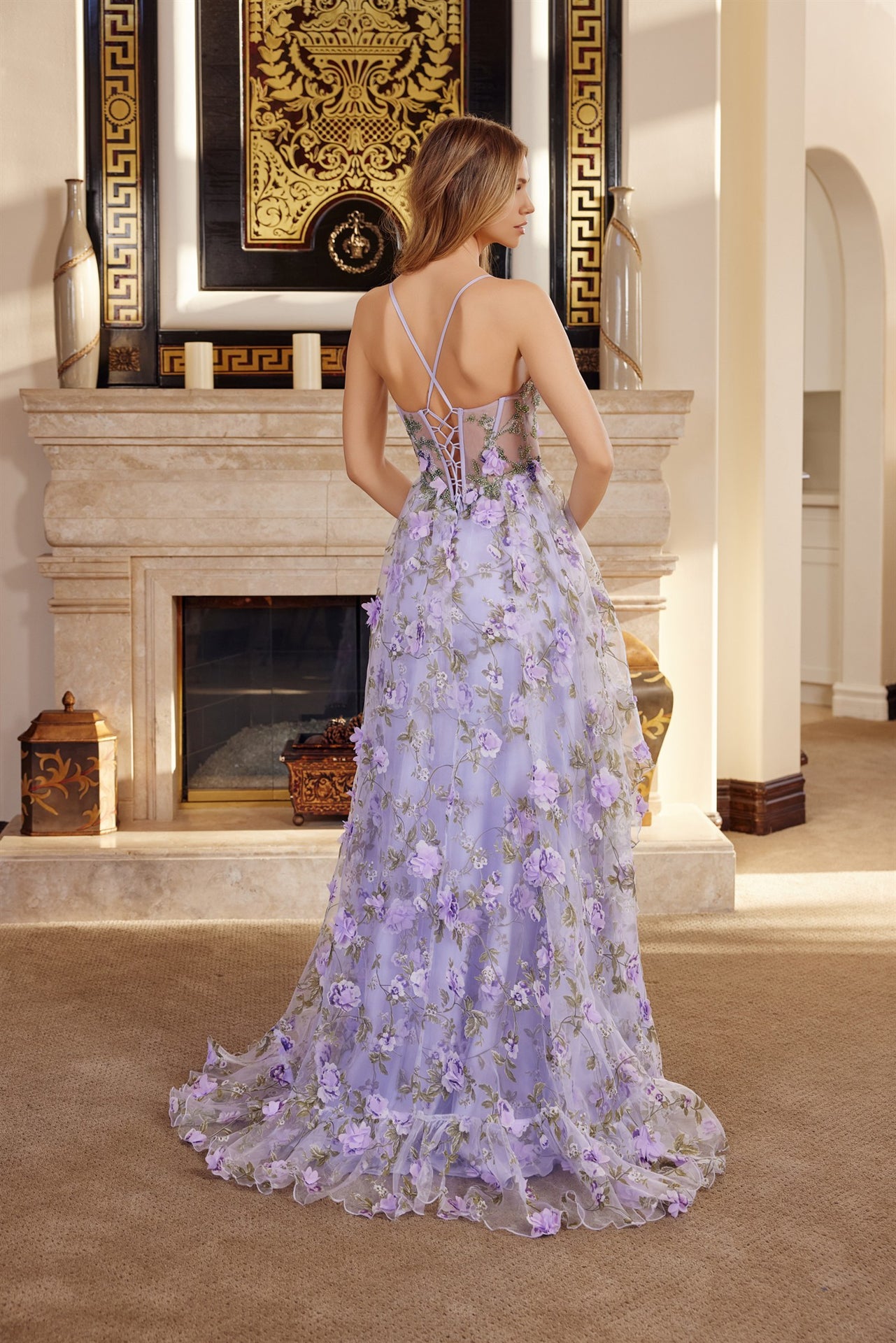 Long Organza Ball Gown with Full Flower Applique Basque Corset