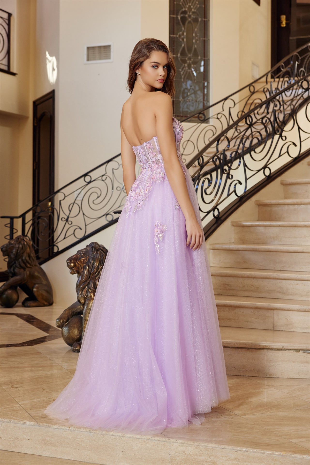Fit and Flare Long Tulle Gown Plunging V Neckline