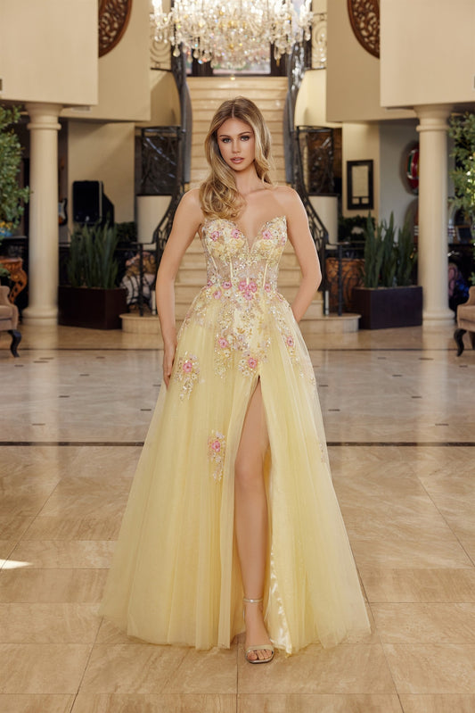 NEW! Fit and Flare Long Tulle Gown Plunging V Neckline