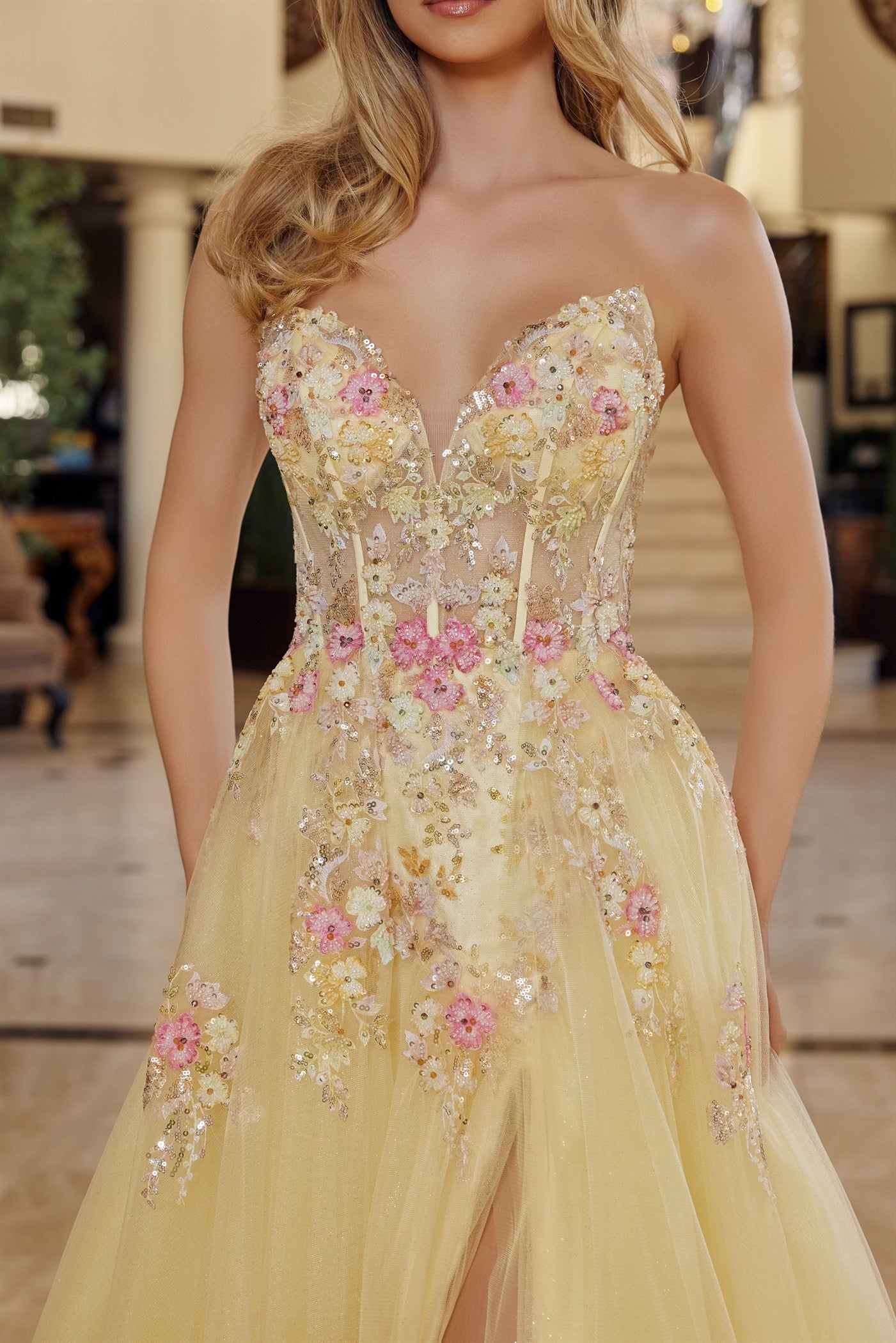 Fit and Flare Long Tulle Gown Plunging V Neckline