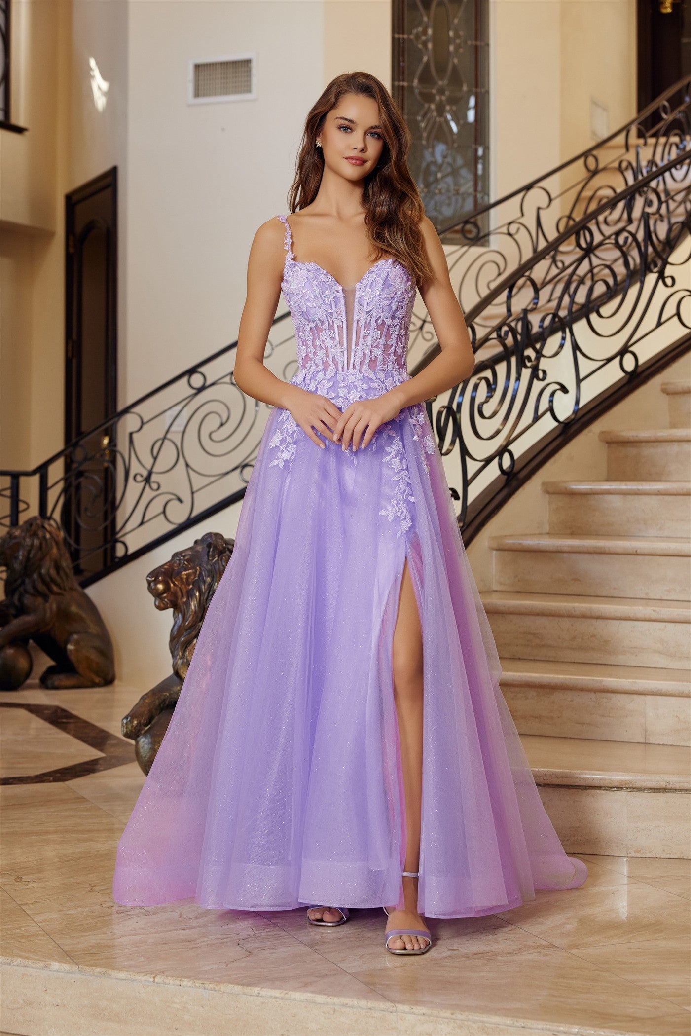 Fit and Flare Long Gown Plunging Neckline Thin Straps