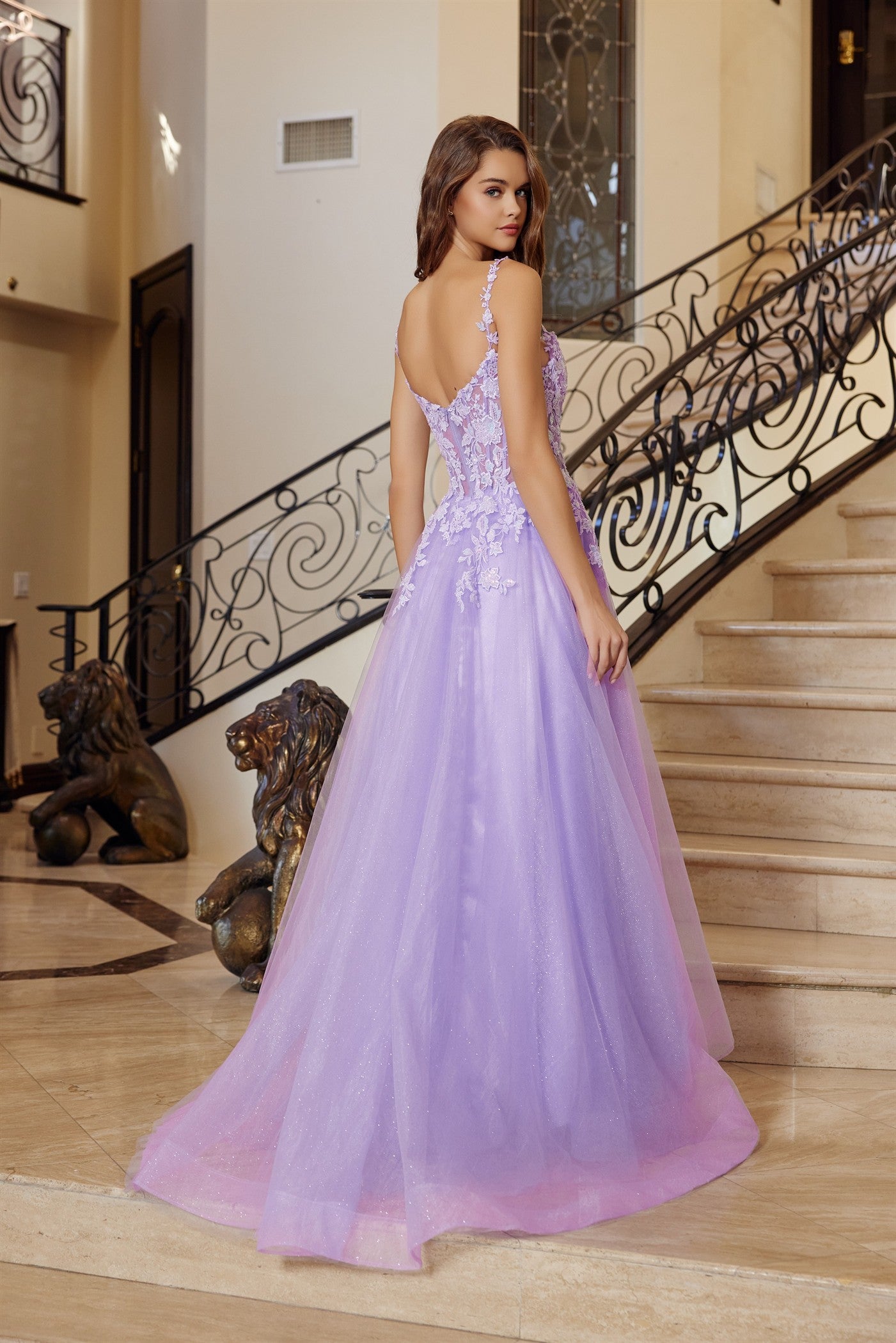 Fit and Flare Long Gown Plunging Neckline Thin Straps
