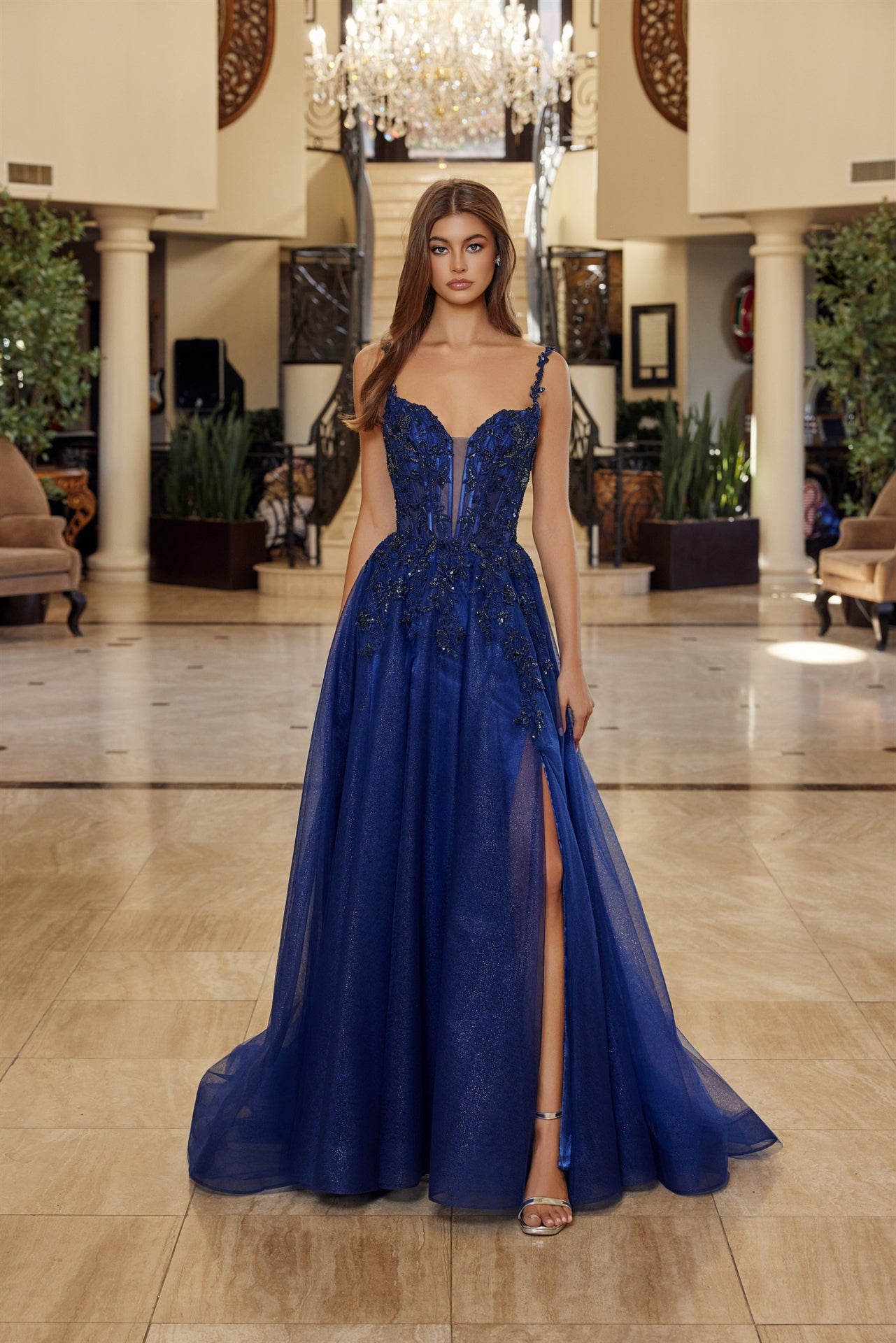 Fit and Flare Long Gown Plunging Neckline Thin Straps