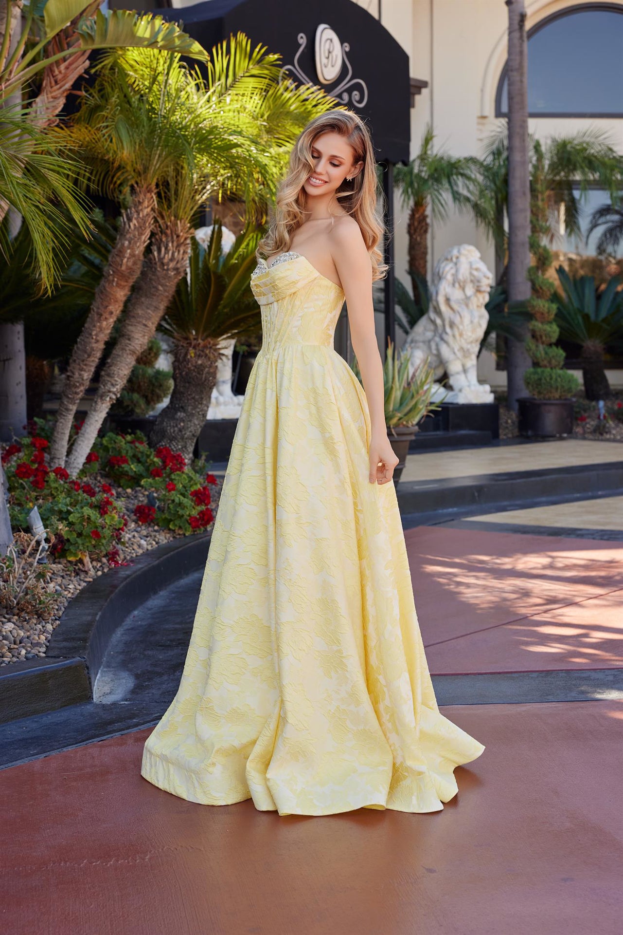 Long Ball Gown in a Jacquard Material with a Sweetheart Bust