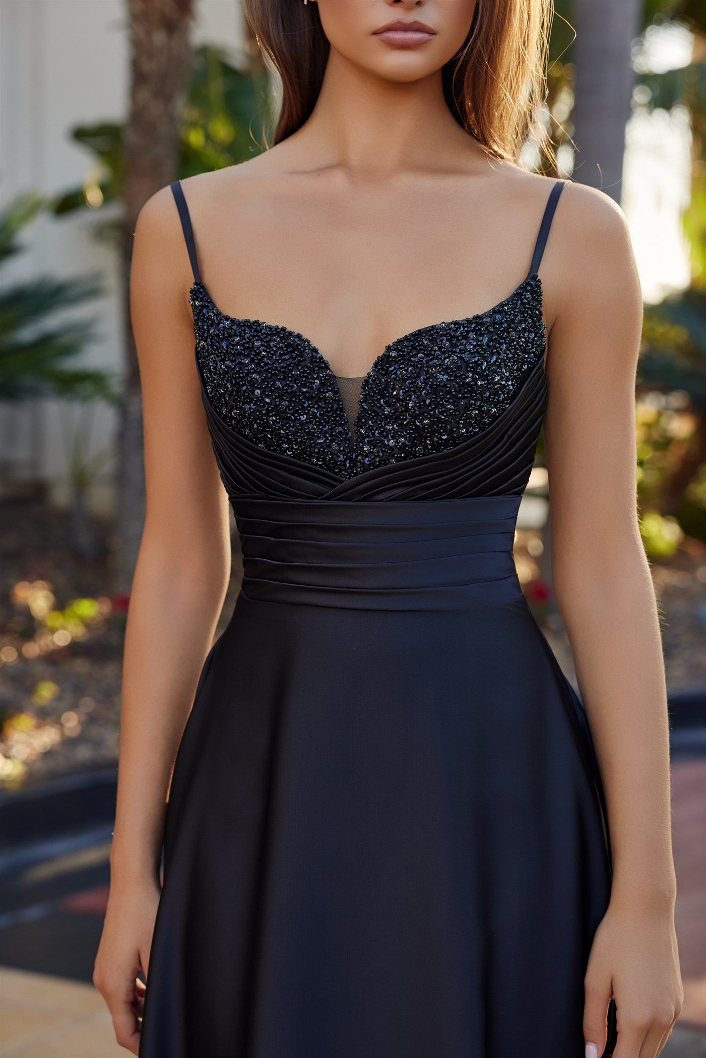 Long Satin A Line dress with Sweetheart Beaded Bustline