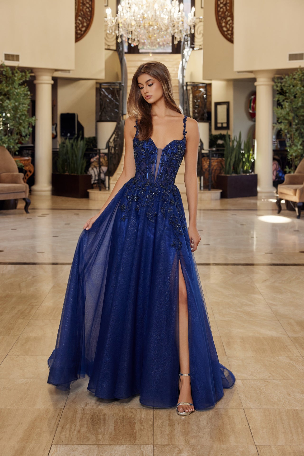 Fit and Flare Long Gown Plunging Neckline Thin Straps