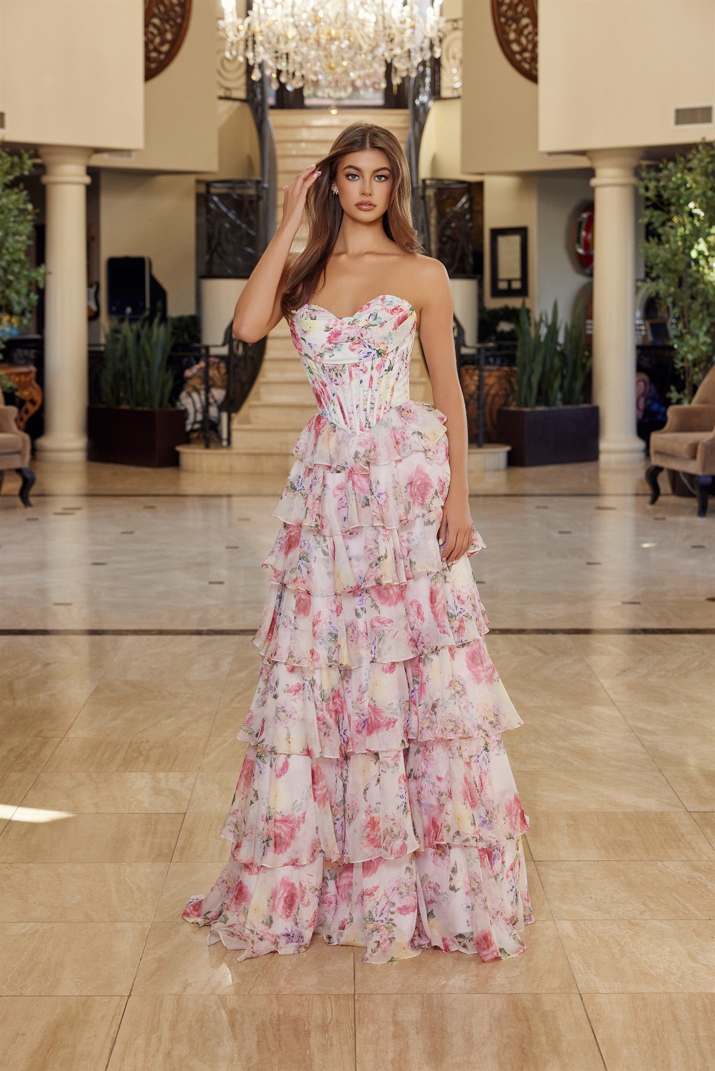 Floral Print Long A Line Gown Strapless Sweetheart Bustline