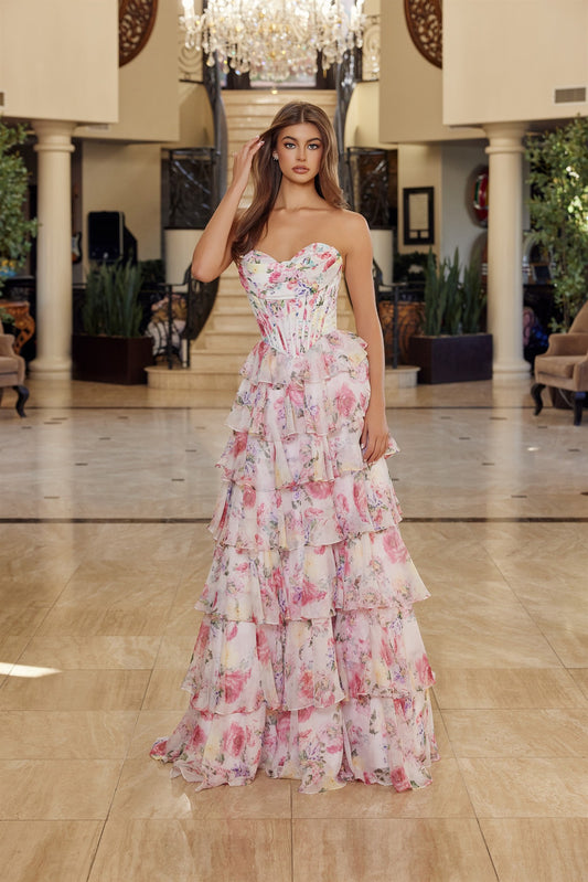 Floral Print Long A Line Gown Strapless Sweetheart Bustline
