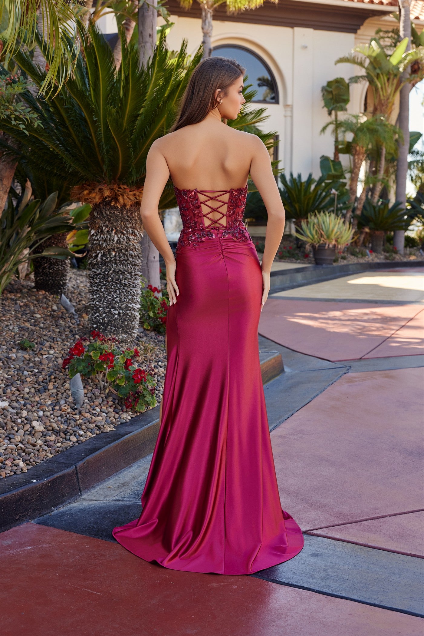 Strapless Sequin Applique Illusion Bodice Daring Thigh SlitA1743