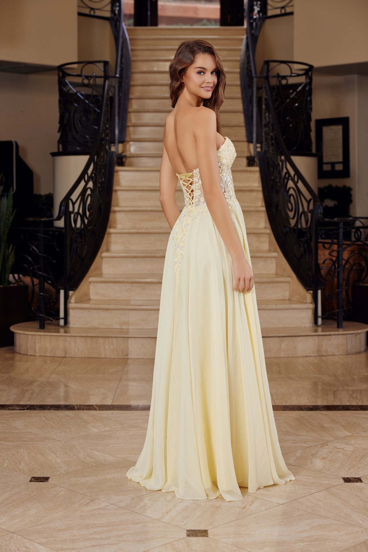 Strapless Applique Corset with Chiffon Skirt Dress