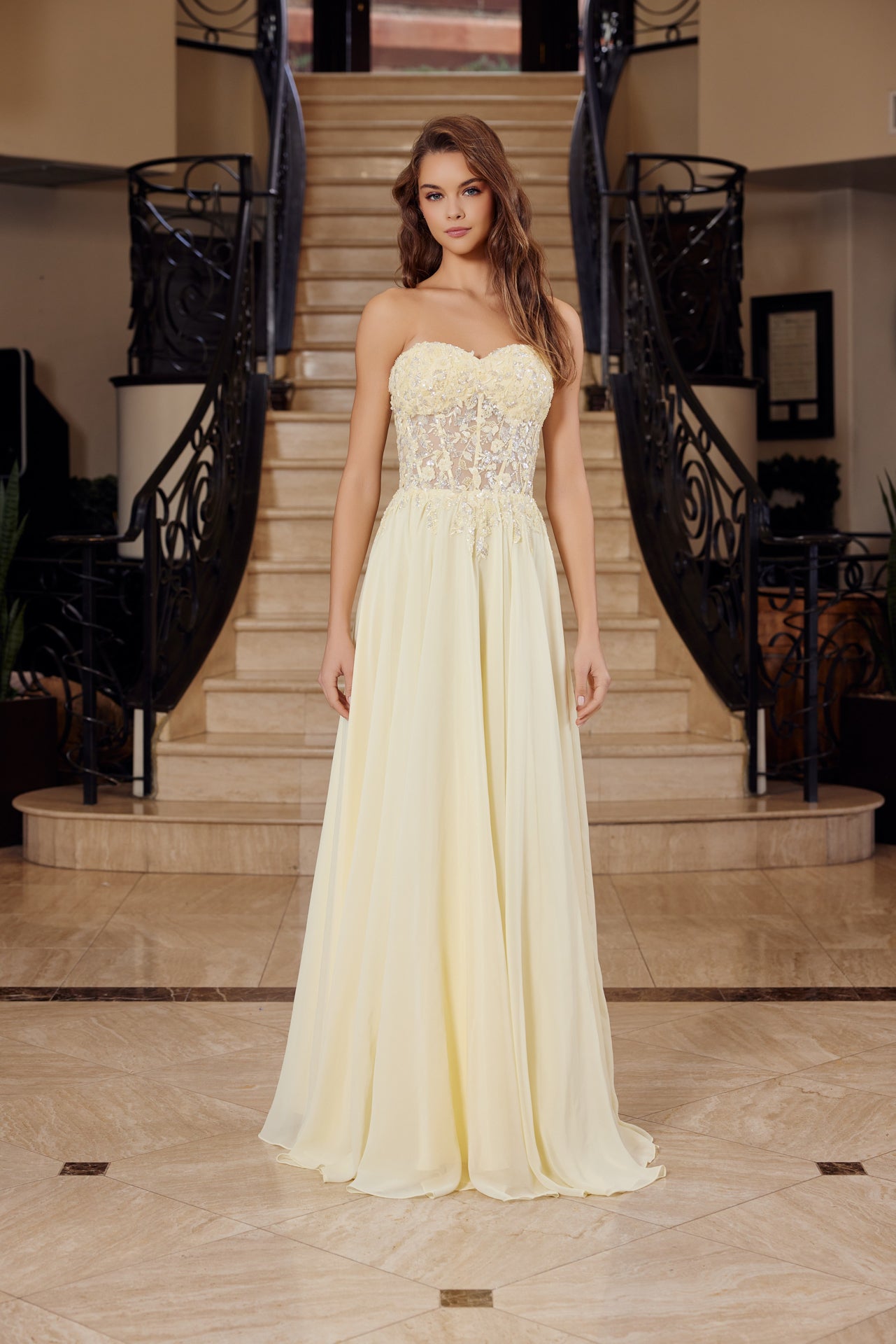 Strapless Applique Corset with Chiffon Skirt Dress