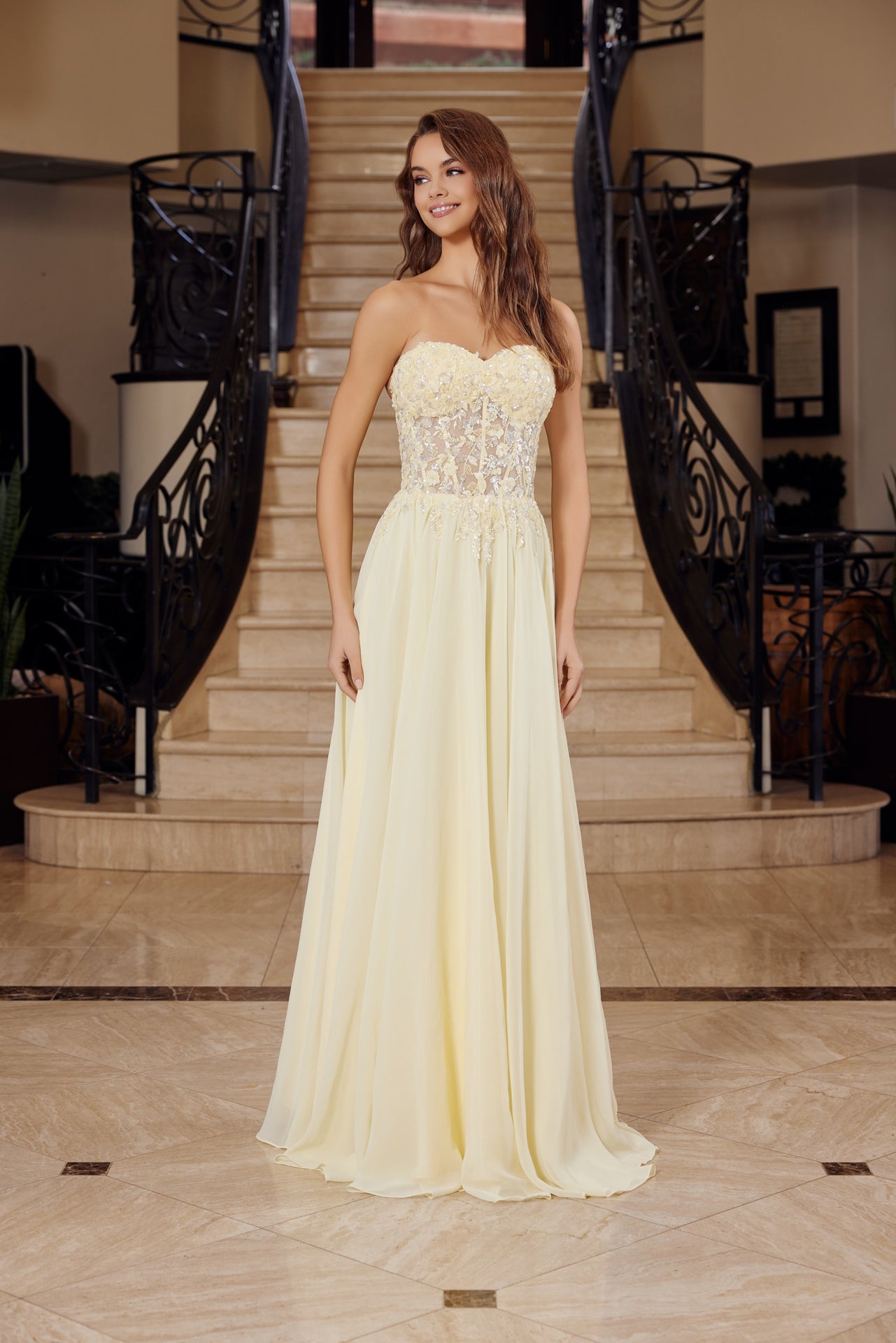 Strapless Applique Corset with Chiffon Skirt Dress