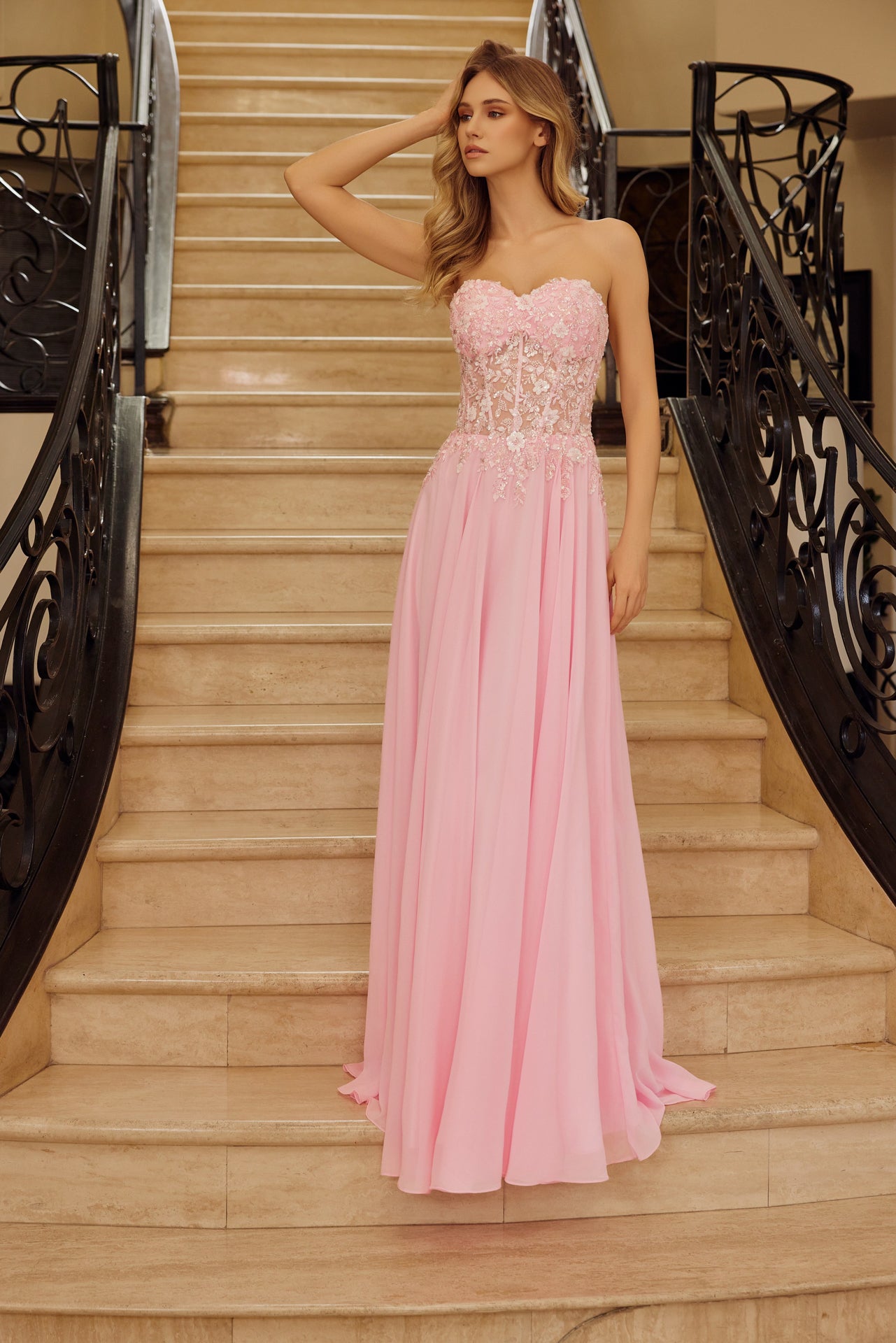 Strapless Applique Corset with Chiffon Skirt Dress