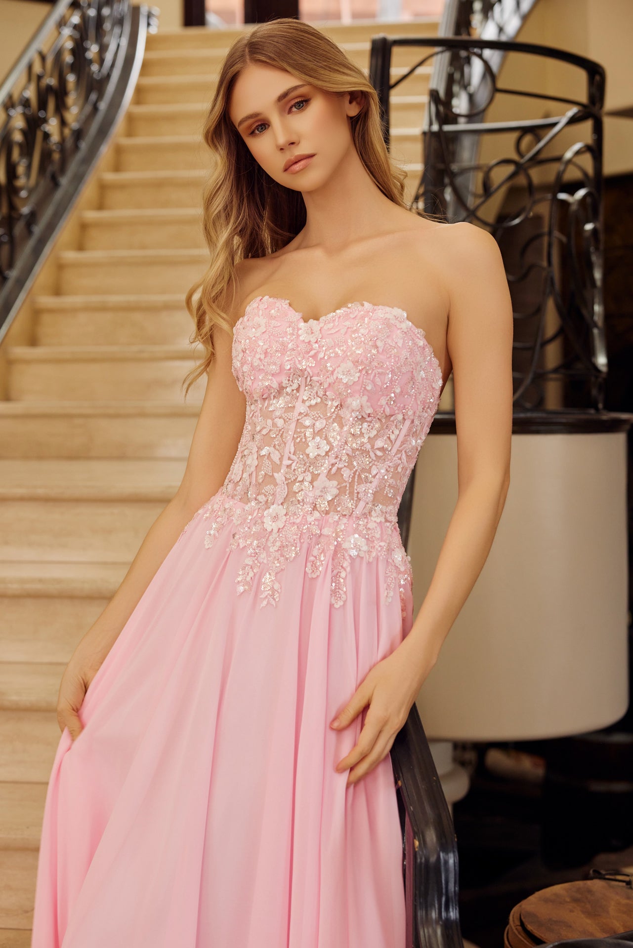 Strapless Applique Corset with Chiffon Skirt Dress