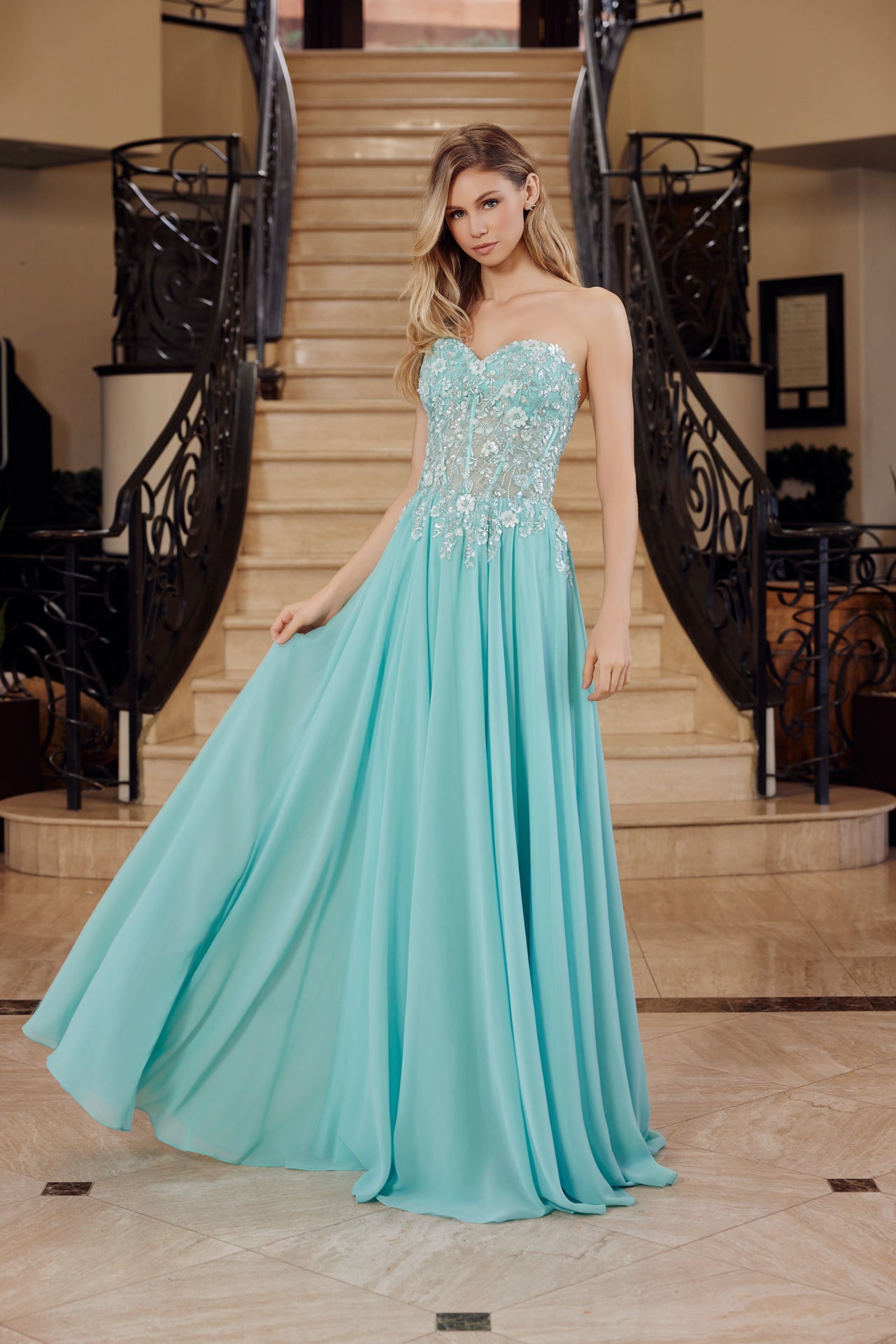 Strapless Applique Corset with Chiffon Skirt Dress
