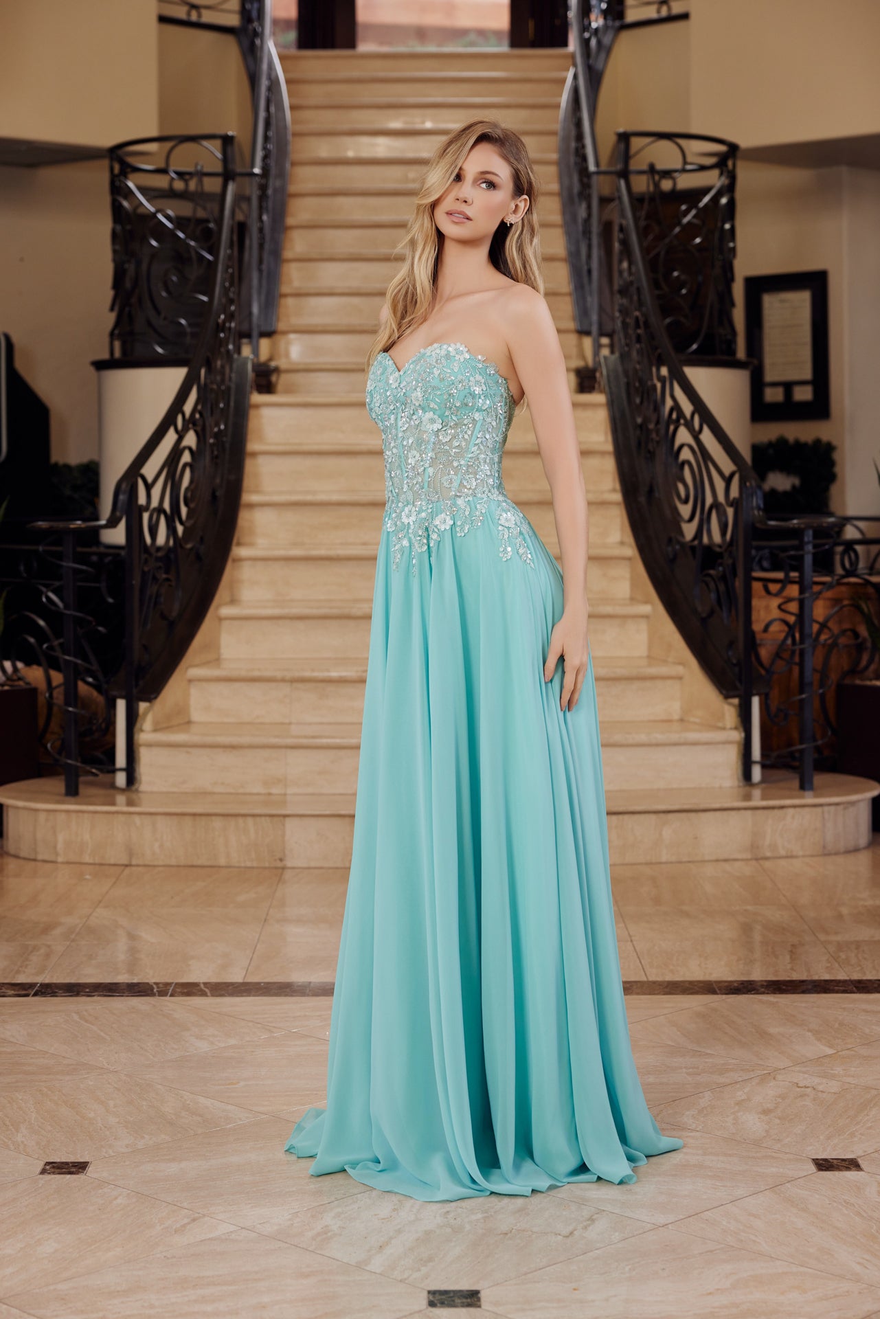 Strapless Applique Corset with Chiffon Skirt Dress