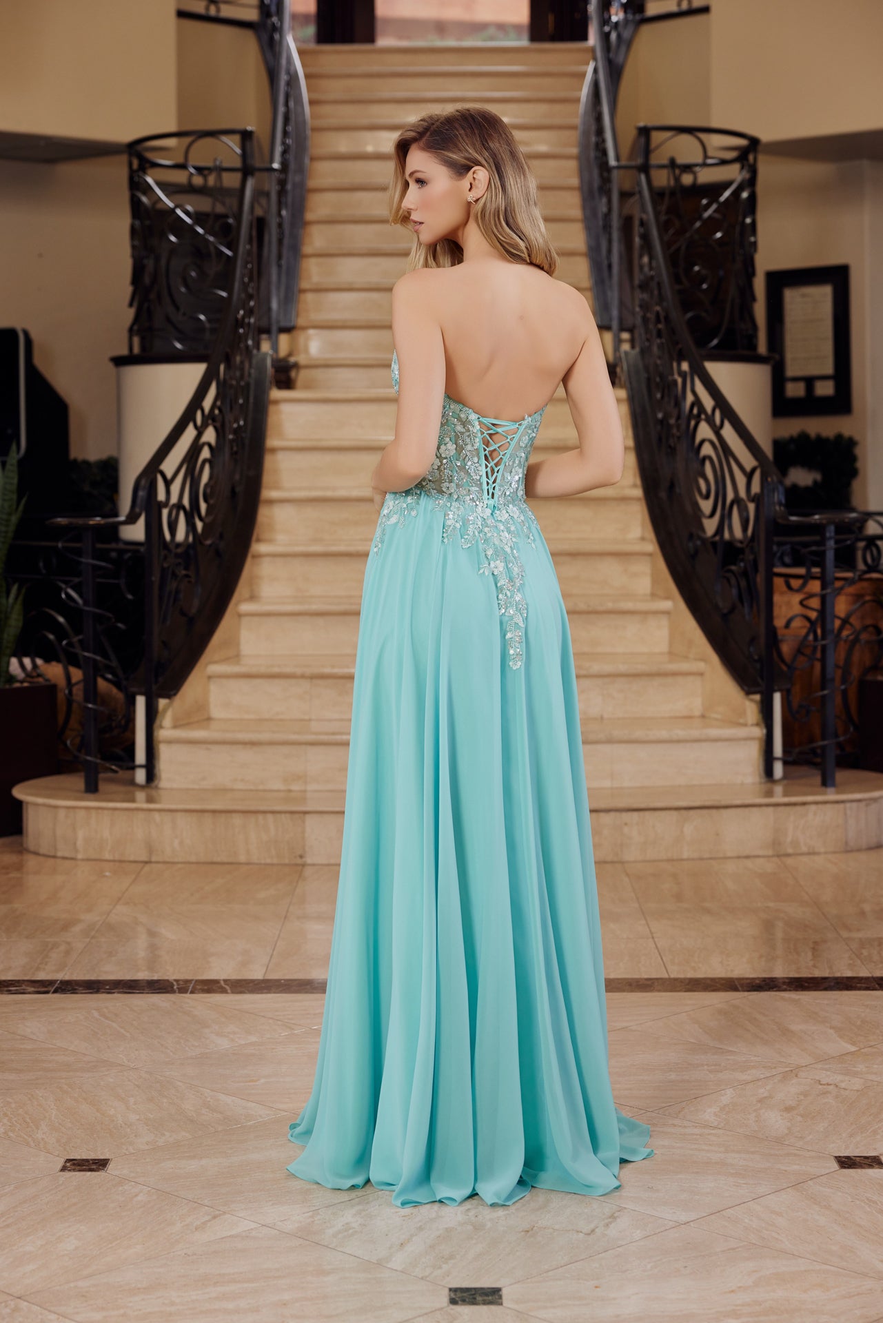Strapless Applique Corset with Chiffon Skirt Dress