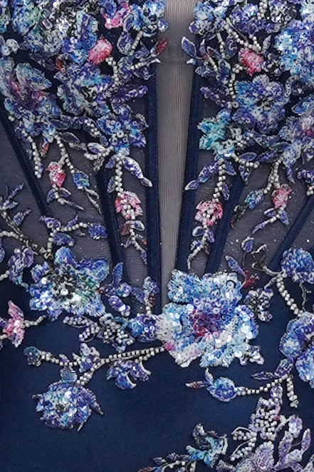 Floral applique corset satin mini dress