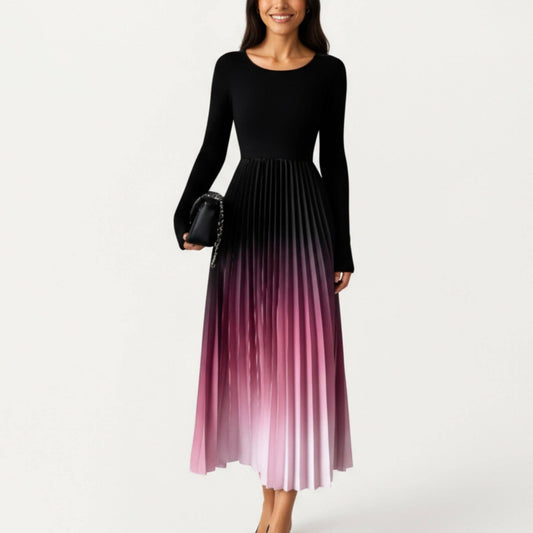 Long Sleeve Pleated Maxi Dress with Gradient Ombre Skirt and
