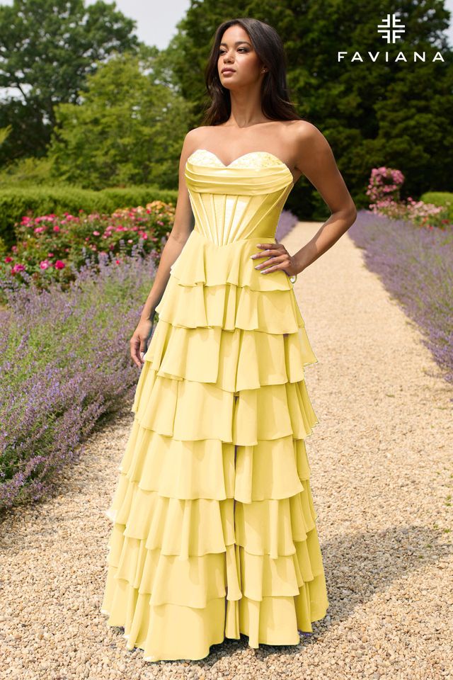 Seaglass Peekaboo Corset Satin And Chiffon Dress With Tiered Ruffled Skirt