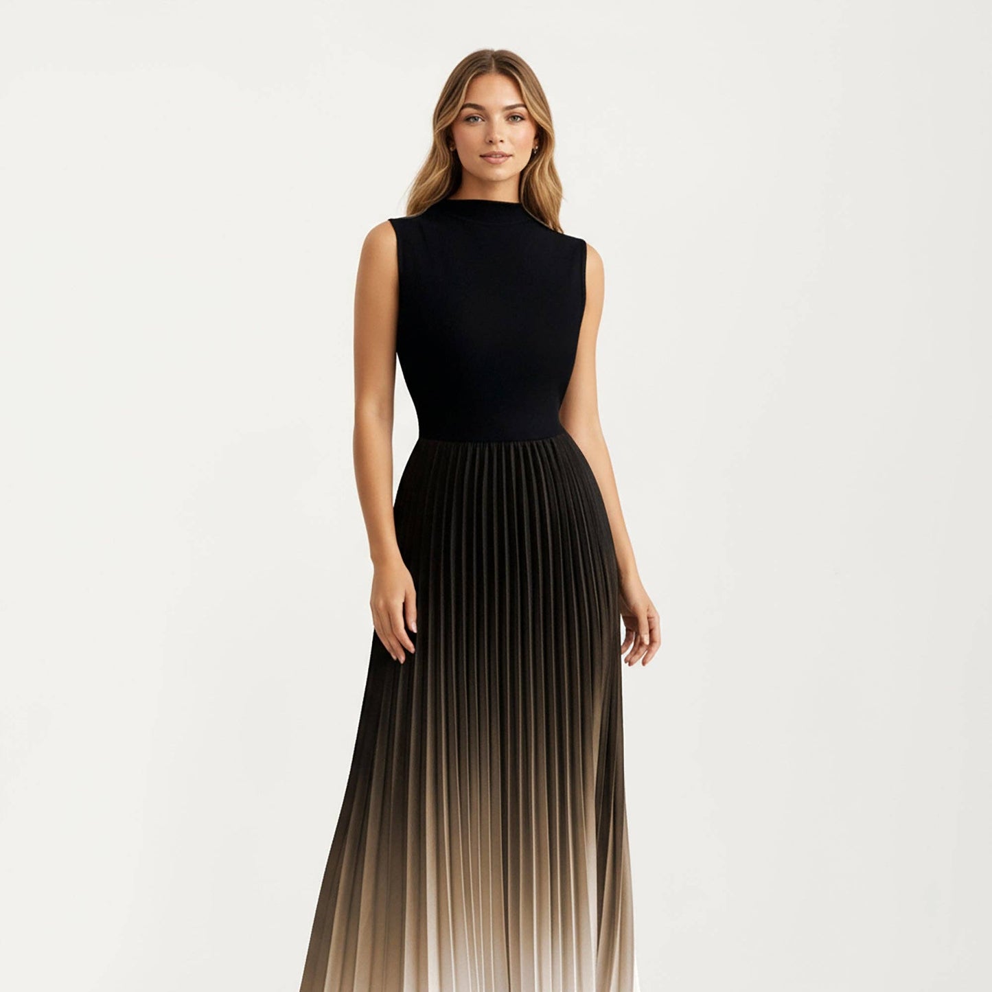 Sleeveless Mock Neck Pleated Maxi Dress with Gradient Ombre