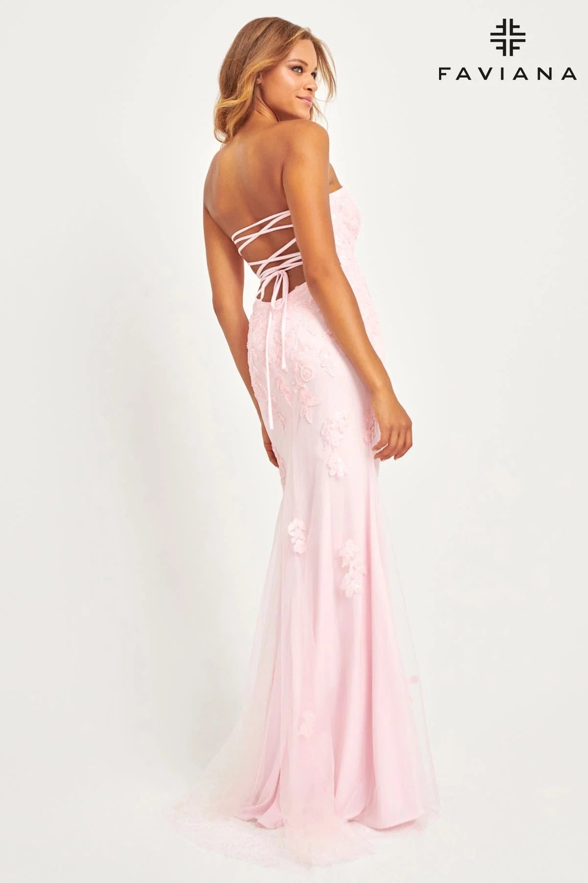 New! Faviana Strapless Light Pink Tulle And Lace Appliqué Dress For Prom