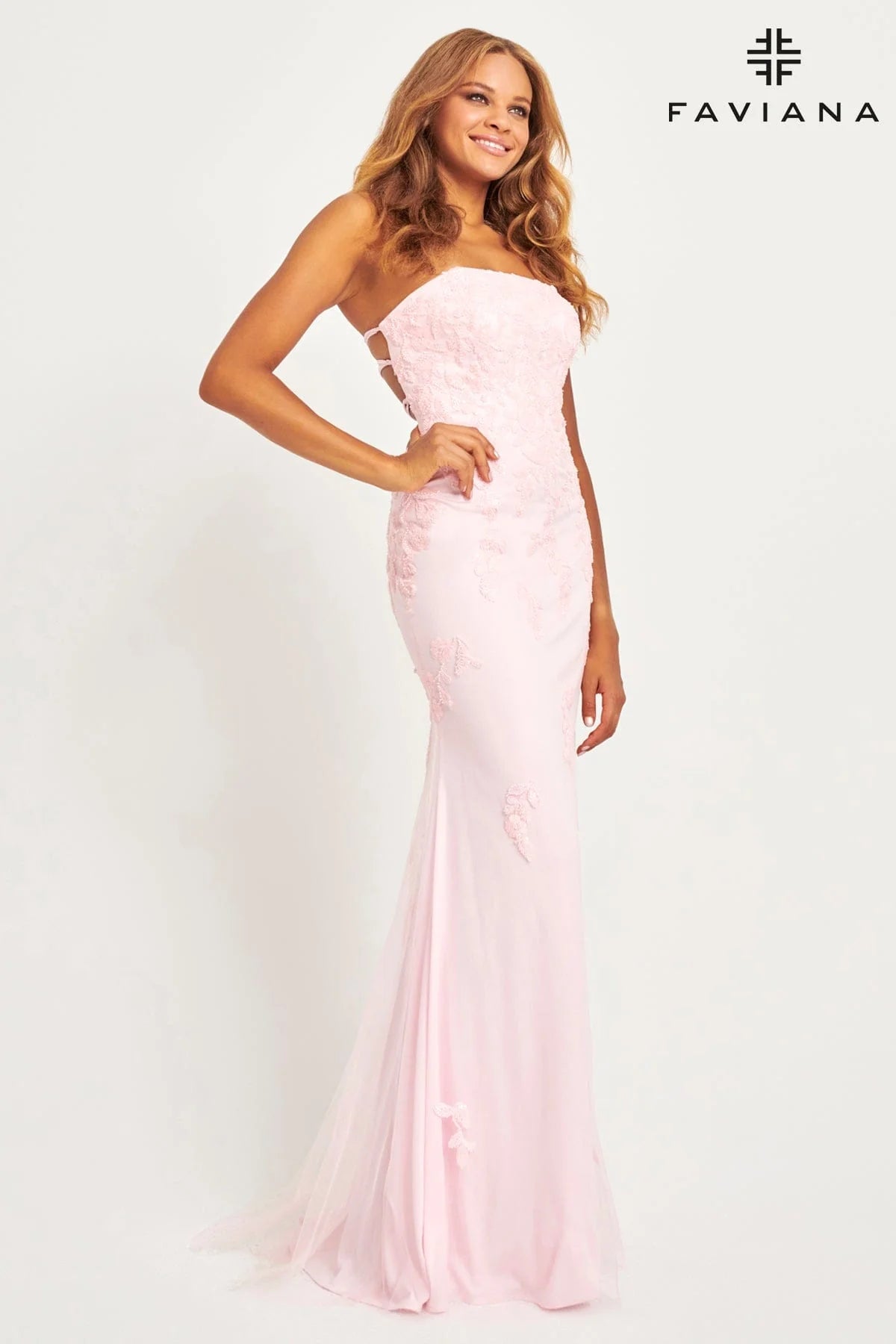 New! Faviana Strapless Light Pink Tulle And Lace Appliqué Dress For Prom