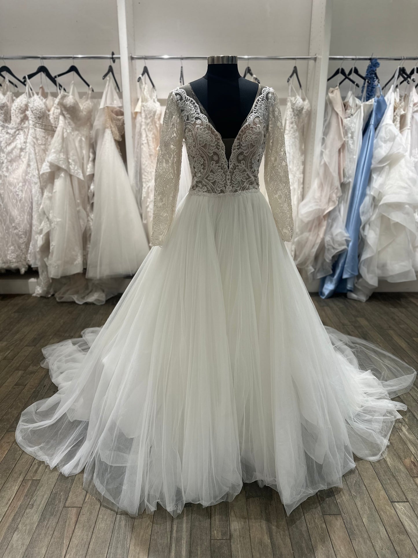 "Mallory Dawn" Long Sleeve Ballgown Illusion Buttons Wedding Dress by Maggie Sottero