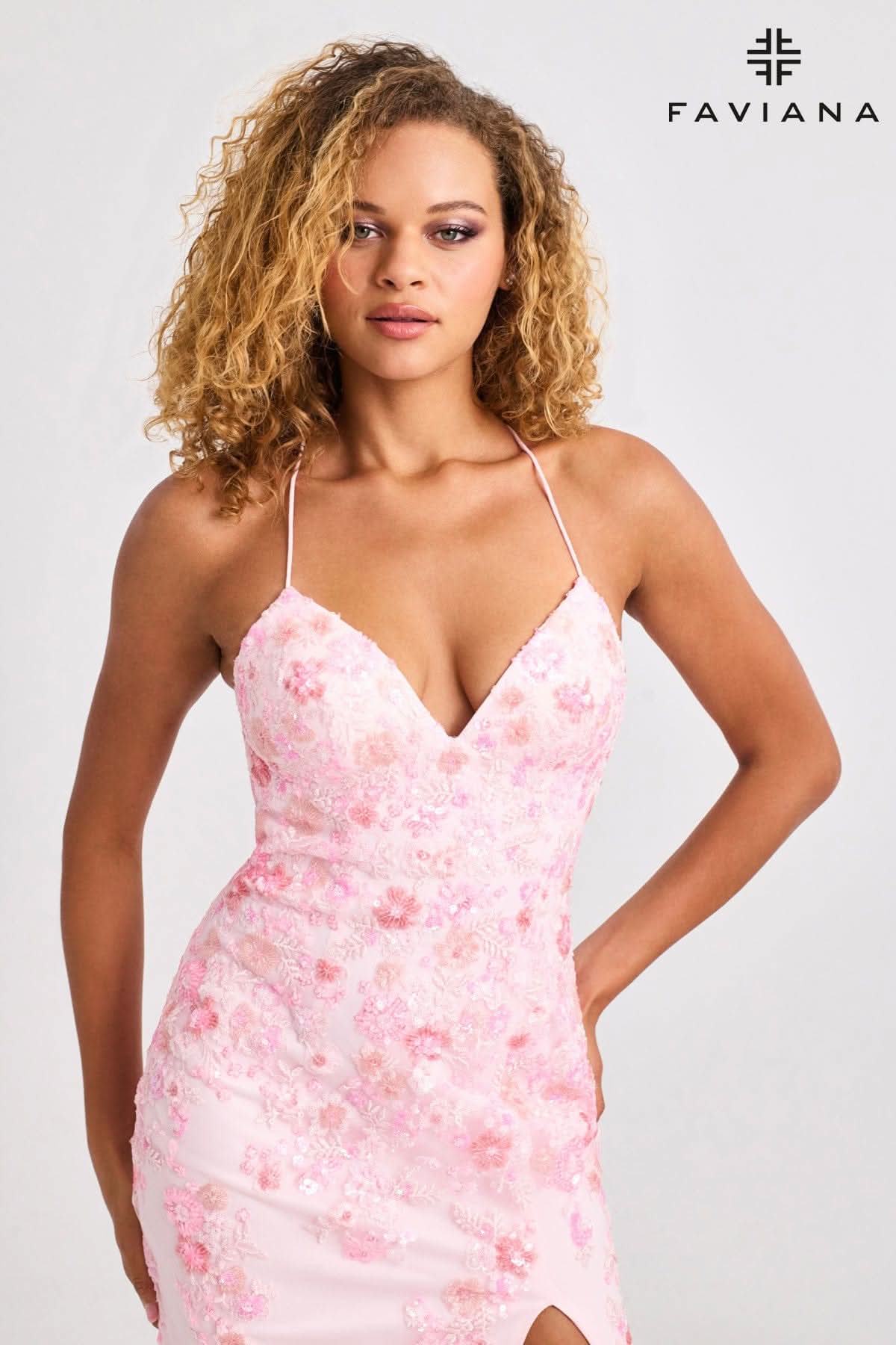 New! Faviana Long V-Neck Dress With Floral Beaded Appliqué