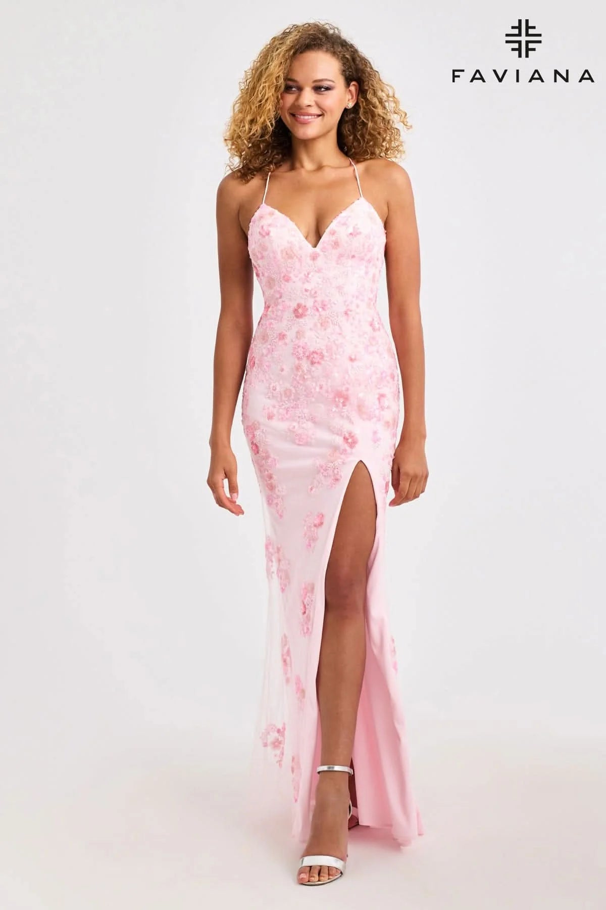 New! Faviana Long V-Neck Dress With Floral Beaded Appliqué