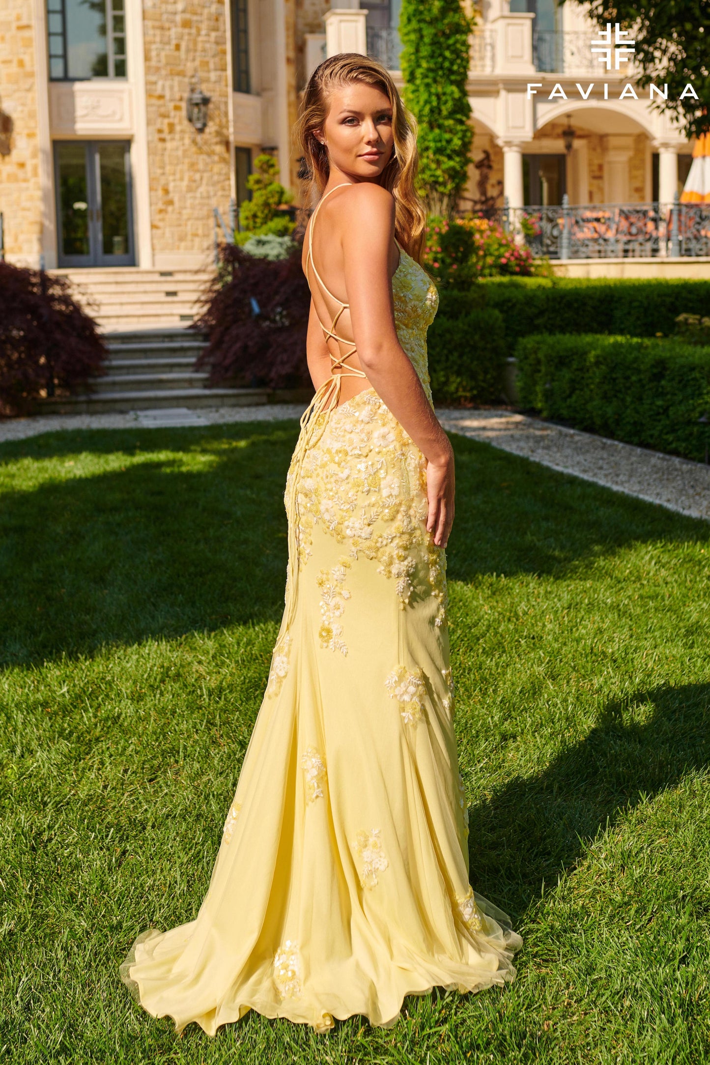 New! Faviana Long V-Neck Dress With Floral Beaded Appliqué