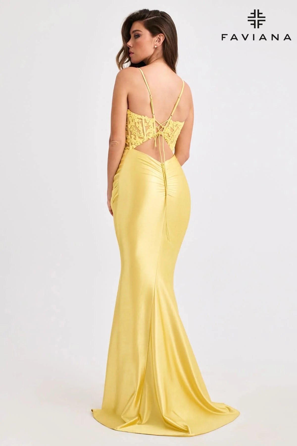 Faviana Shimmer Satin Dress With Lace Corset And Tie-Up Open Back