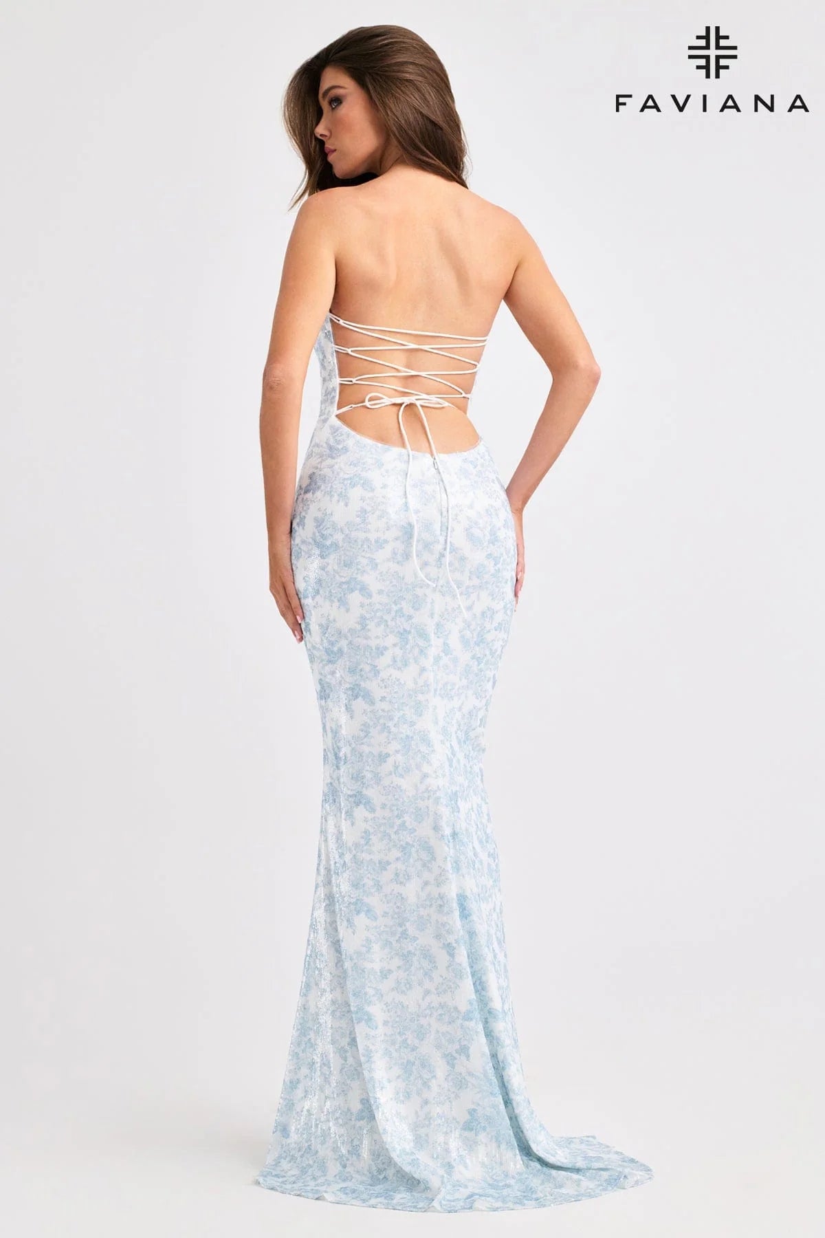 Faviana Strapless Sequin Dress with Blue and White Floral Print