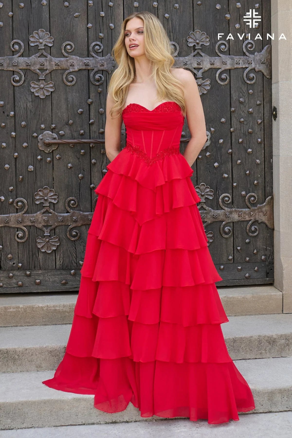 Faviana Strapless Gown With Peekaboo Corset Detail And Ruffled Skirt