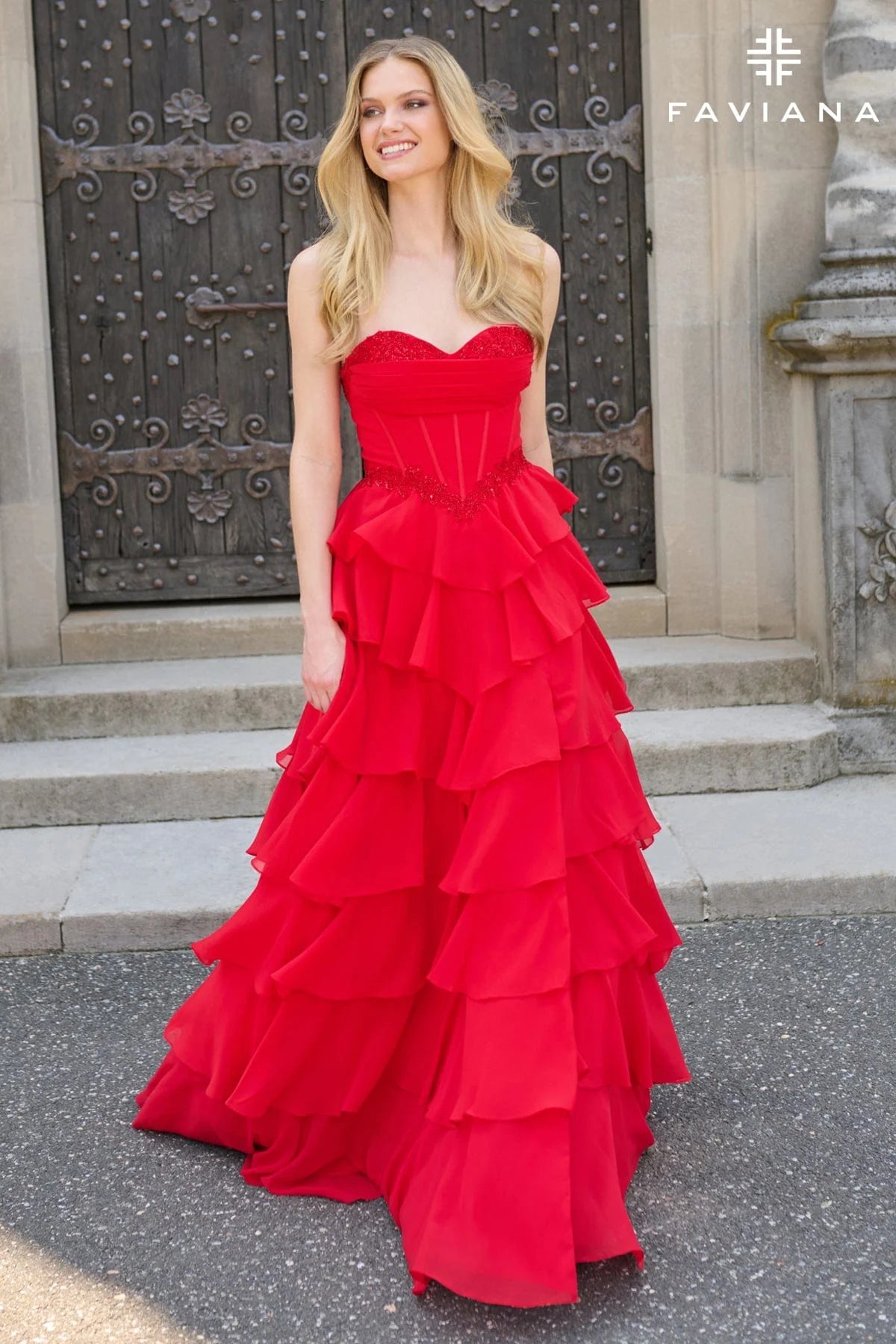 Faviana Strapless Gown With Peekaboo Corset Detail And Ruffled Skirt