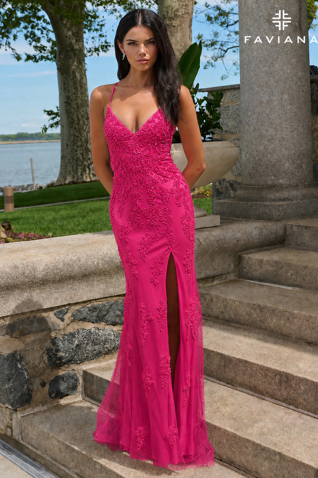 NEW for PROM 2027! Lace And Tulle Appliqué V Neck Lace Up Dress