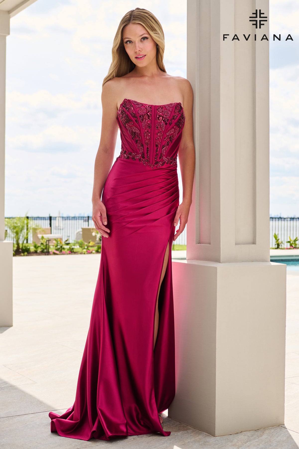 NEW for PROM 2027! Beaded Satin Strapless Bustier Dress With Gathered Pleating