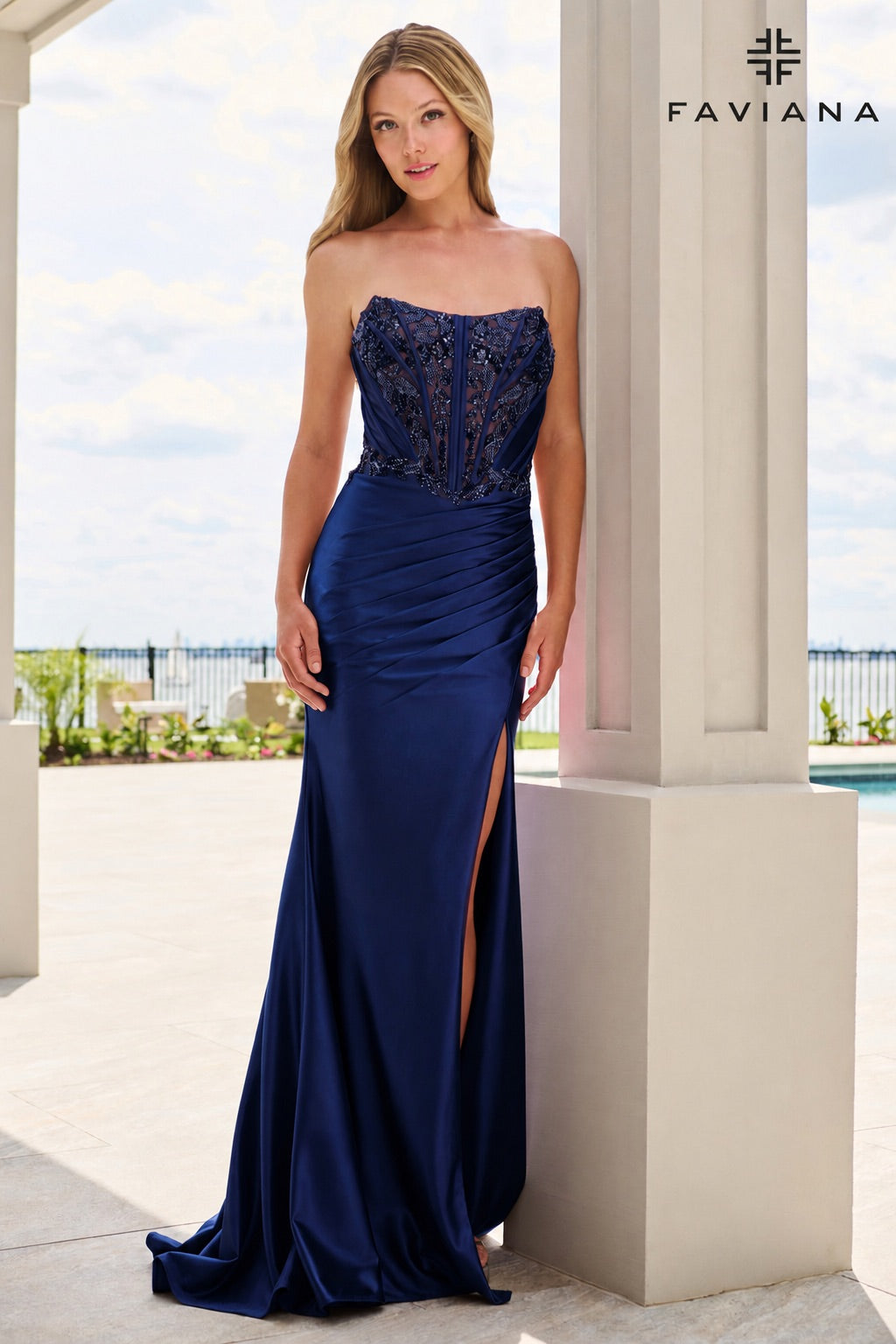 NEW for PROM 2027! Beaded Satin Strapless Bustier Dress With Gathered Pleating