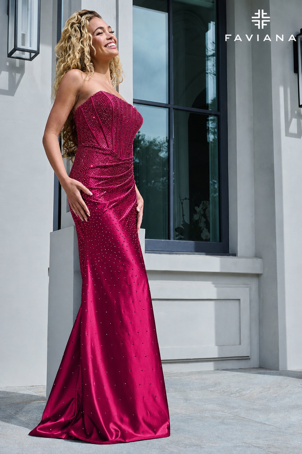 Sparkly Strapless Satin Corset Gown With Heat Stones
