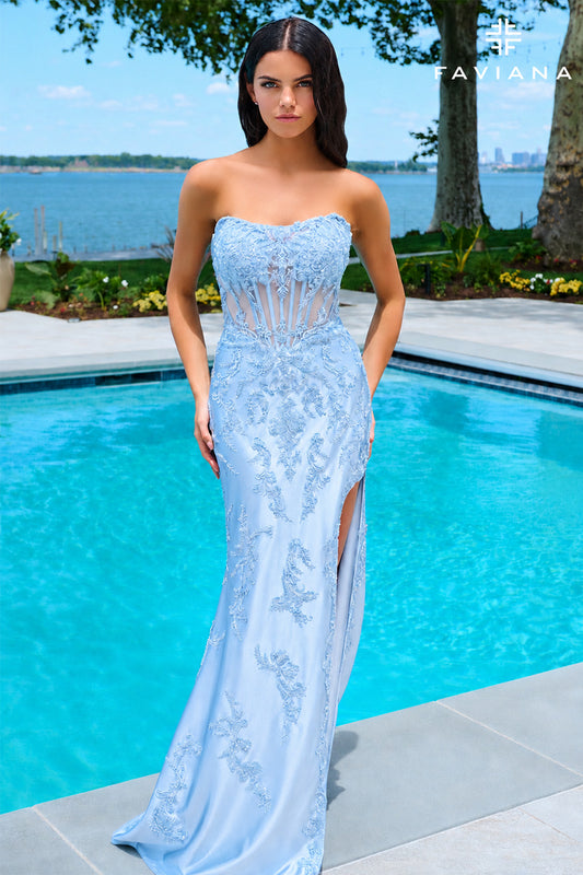 NEW for PROM 2027! Beaded Lace Strapless Satin Corset Gown With Lace-Up Back