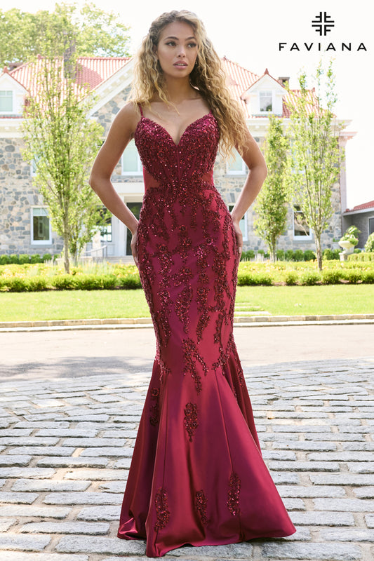 NEW for 2027! Beaded Satin Mermaid Gown With Open Back And Mesh Side Detail