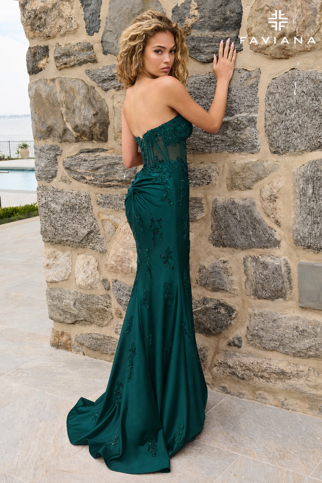 NEW for PROM 2027! Beaded Appliqué Satin Strapless Corset Dress With Knot Back Detail