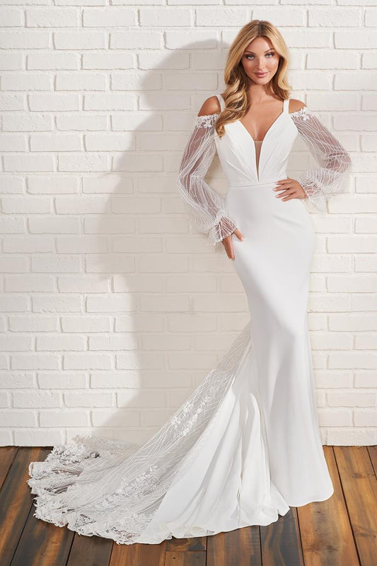 122180 Crepe Fit & Flare Off Shoulder Long Sleeve Wedding Dress by Enchanting for Mon Cheri