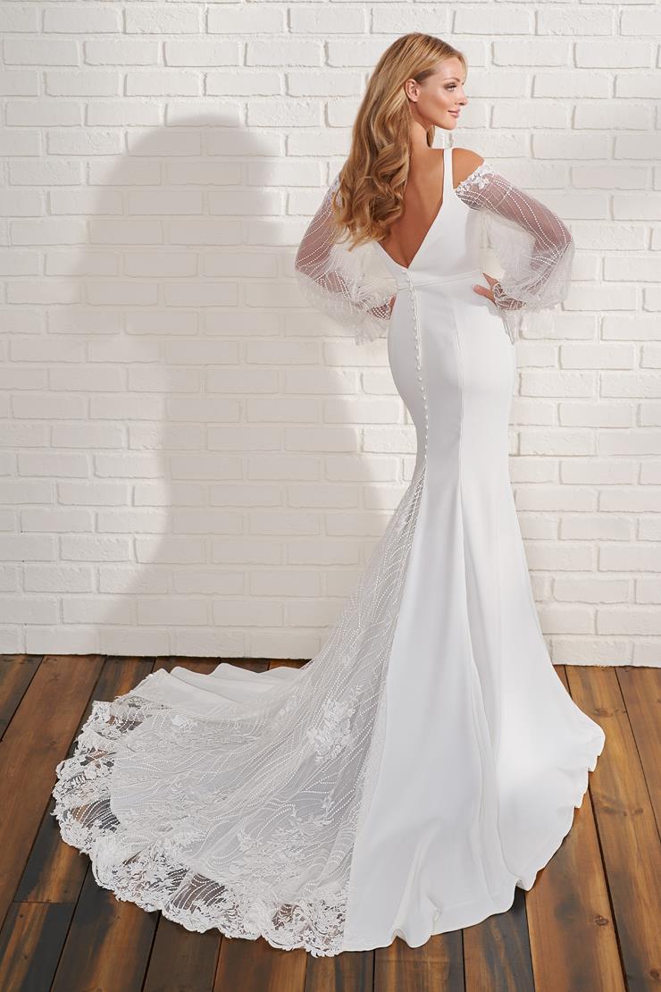 122180 Crepe Fit & Flare Off Shoulder Long Sleeve Wedding Dress by Enchanting for Mon Cheri