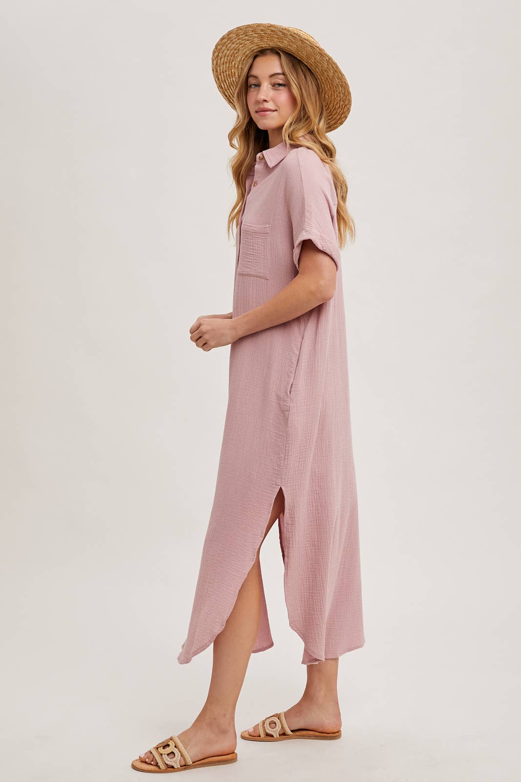 BUTTON UP MAXI SHIRT DRESS WITH POCKET